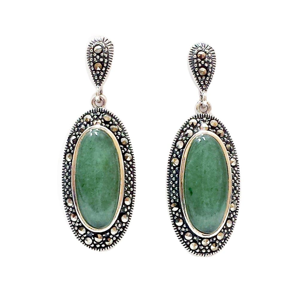 SILVER EMPIRE Fine Jewelry | 925 Sterling Silver Oval Shaped | New Jade with Marcasite Dangle Earrings Gemstone | Fancy Fine Jewelry Gifts for Women for Her