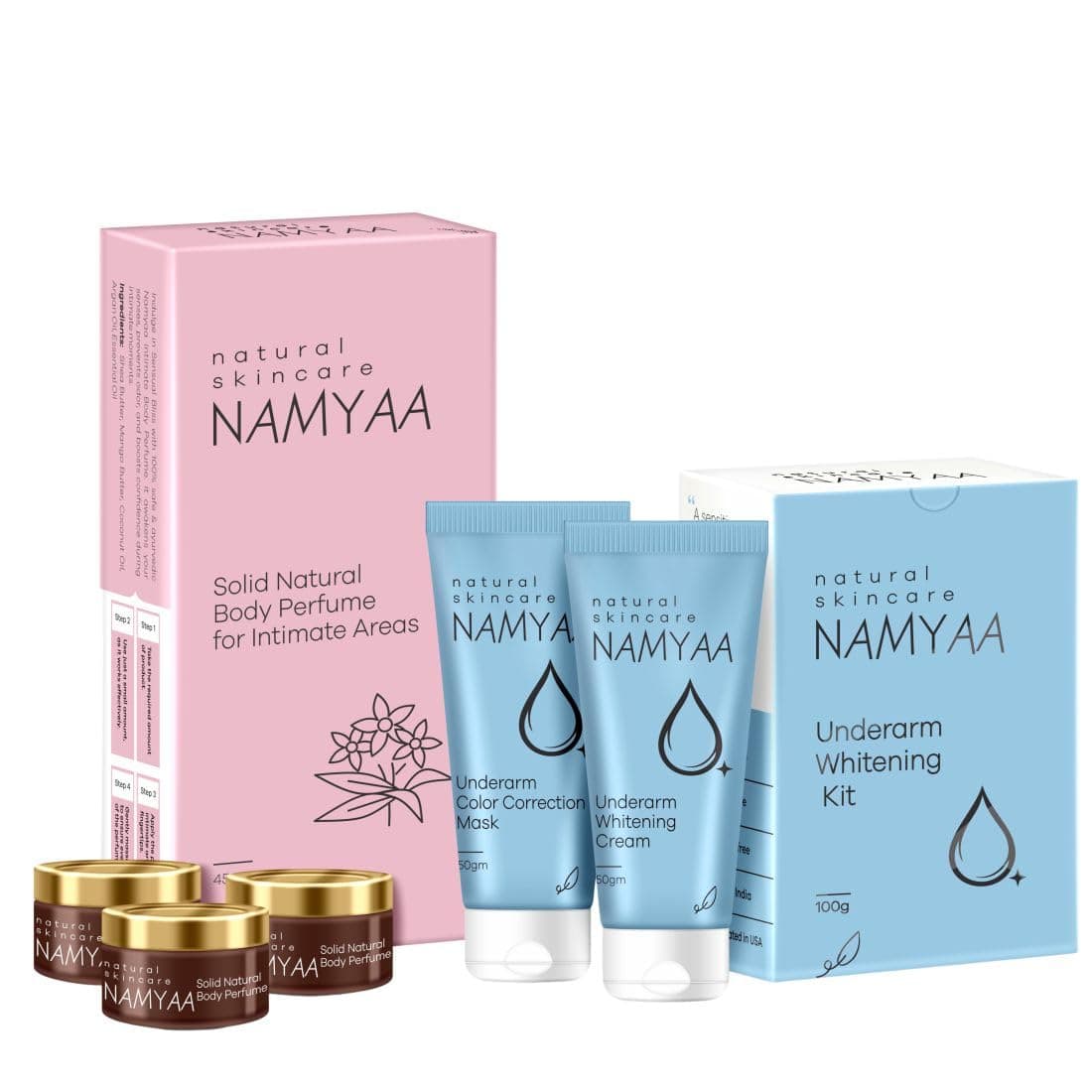 Namyaa Underarm Care Kit- Combo Pack of Underarm Lightening Kit 100g & Intimate Solid Perfumes 45g | Lightens skin tone, controls odour