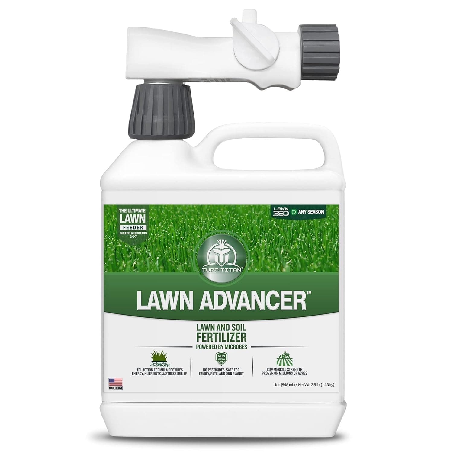 Turf Titan Lawn Advancer Fast-Acting Liquid Lawn Fertilizer (32 oz) with Hose End Sprayer – Quick Green Lawn Booster for Heat and Stress – Nutrient-Rich Formula for Strong Turf – Covers 6,000 Sq Ft