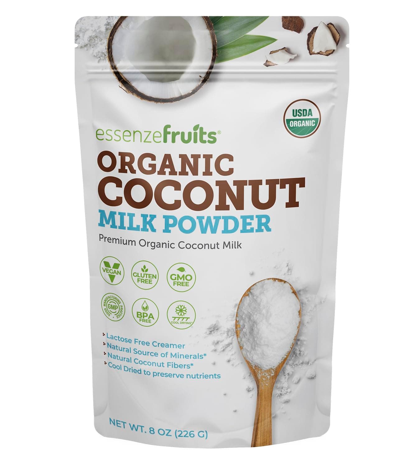 Essenzefruits Pure Organic Coconut Milk Powder - Premium Maltodextrin Free, No Sugar Added, Dairy Free, USDA Organic, Vegan, Keto & Paleo Friendly, No Additives, Pre Biotic Fibers, 27 Servings - 8 Oz