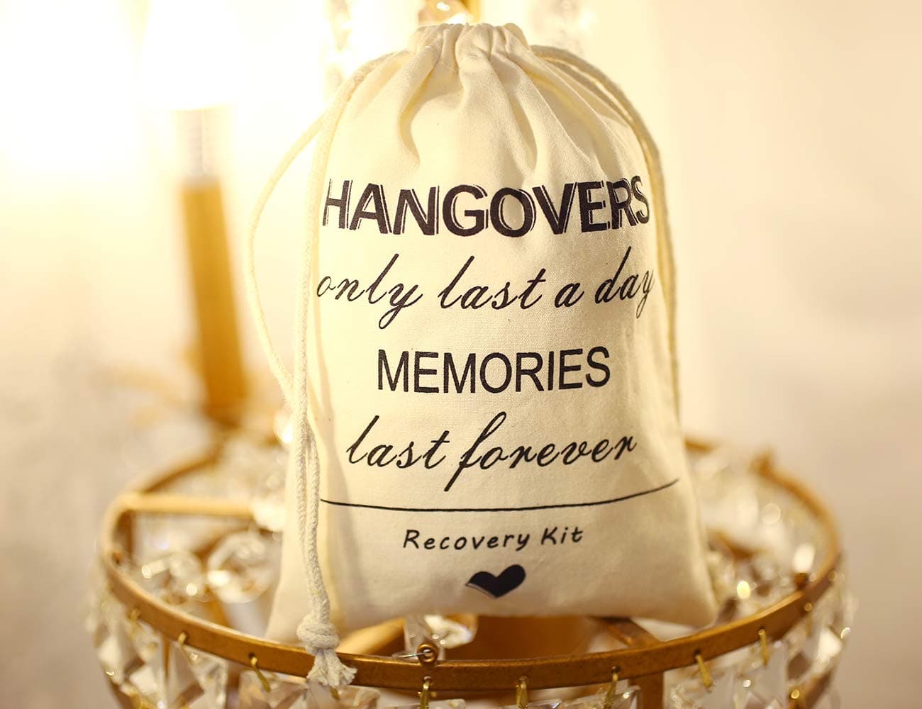 SHERWAY Hangover Recovery Kit Bag Wedding Survival Kit Bag (10 Pieces, Beige, 5 x 7 Inch), Bachelorette Bachelor Party Drawstring Bags