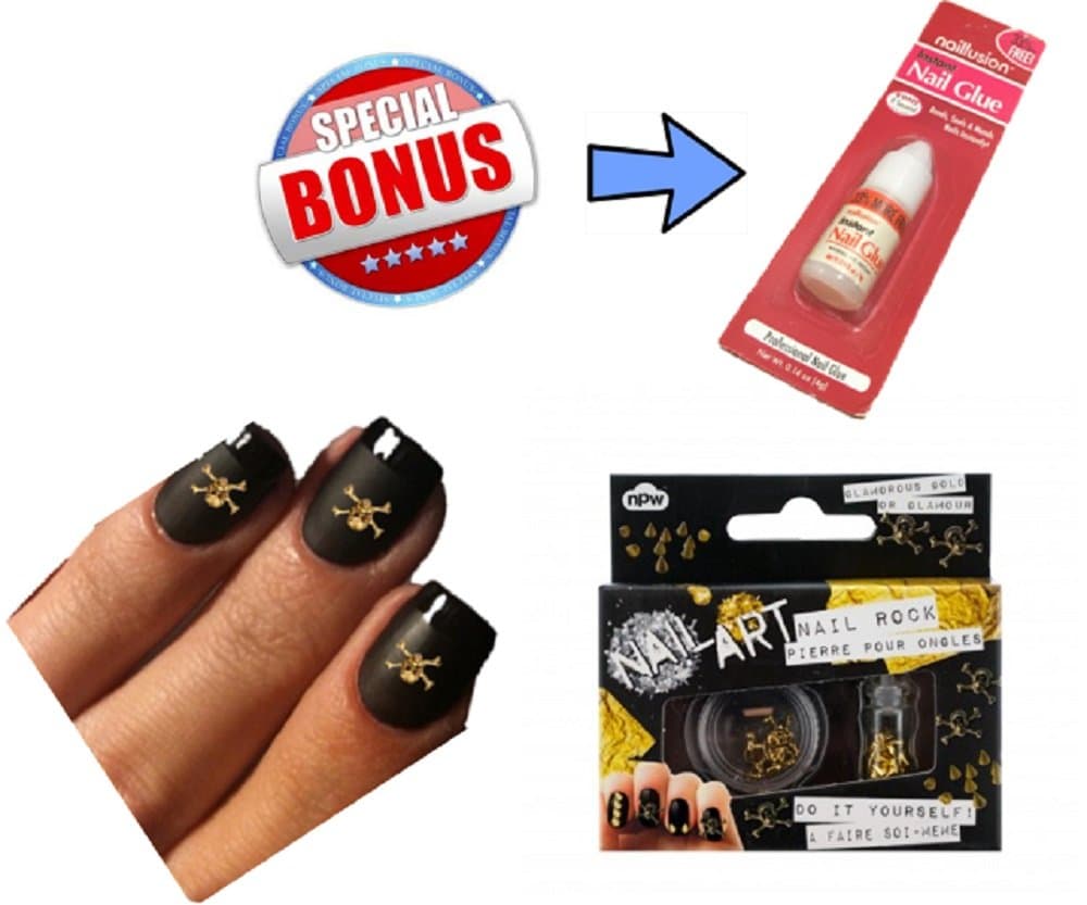 Nail Art Supplies/ Kit with Bonus Professional Instant, Fake Nail Glue for Acrylic Nails - Skulls & Studs, Do It Yourself Decals in Glamorous Gold. Unleash That Wild Side. Order Now, with Confidence, and Instantly Bring Out Your Inner Zombie/ Vampire/ Goth/ Bad Girl Side.