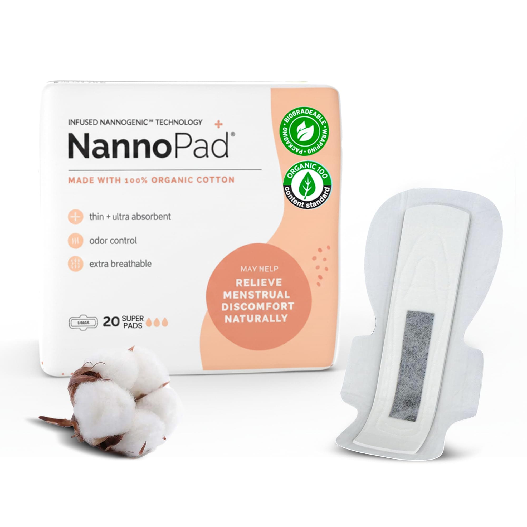 100% Organic Pads for Women - Organic Cotton Overnight Pads with Wings - Designed for Comfort & Ultra-Thin - No Fragrances, Odor-Control, Breathable - Super (1 Pack, 20 Count)