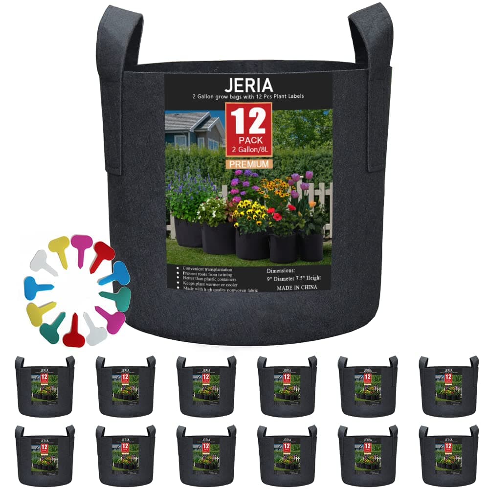 JERIA 12-Pack 2 Gallon, Vegetable/Flower/Plant Grow Bags, Aeration Fabric Pots with Handles (Black), Come with 12 Pcs Plant Labels