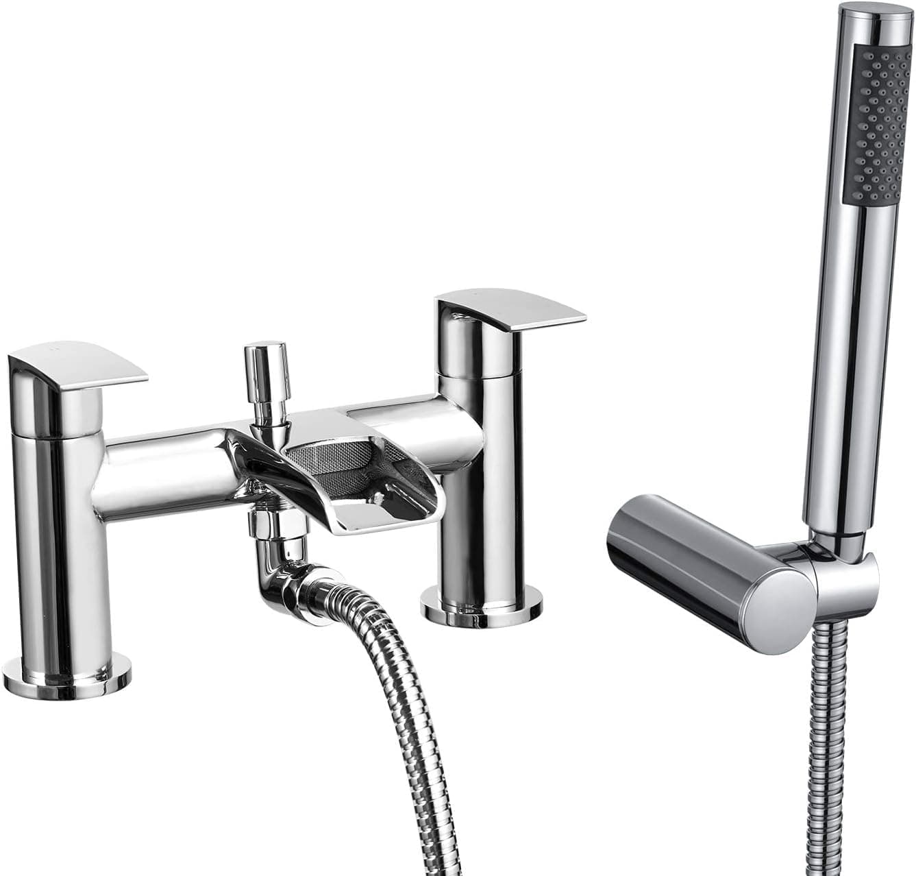 [Bath Shower Tap] Hapilife Waterfall Bathroom Bath Mixer Tub Taps with Handheld Shower Head Attachment, Modern Monobloc Dual Lever Bathtub Filler Taps 2 Hole, Chrome Brass, Deck Mounted