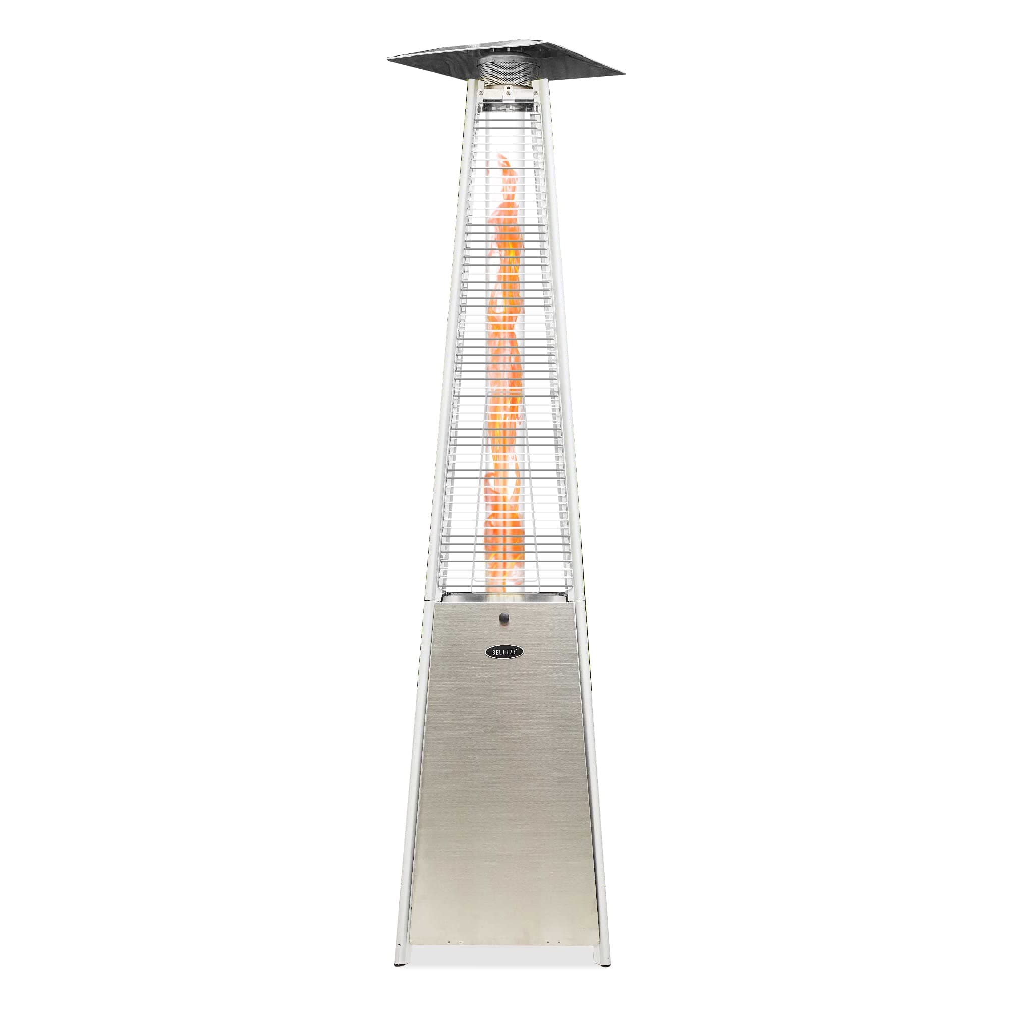 BELLEZE 42,000 BTU Gas Outdoor Pyramid Patio Heater with Tall Dancing Flame, Piezo Ignition System and Wheels for Smooth Mobility and LP Propane Heat CSA Certified - Stainless Steel