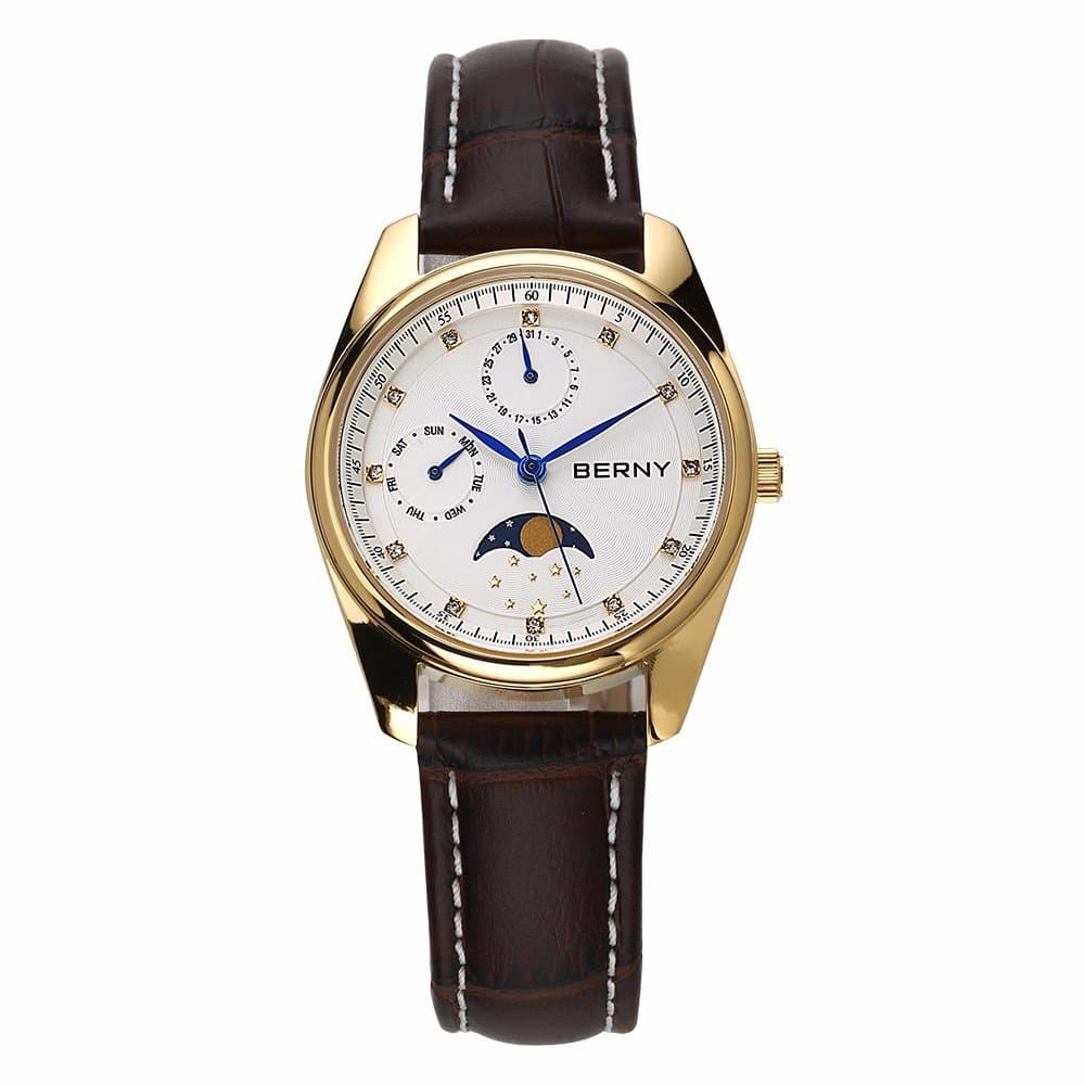 BERNY 2160 Women Moonphase Watch, Brown Calfskin Strap, Gold Case, Japan Movts