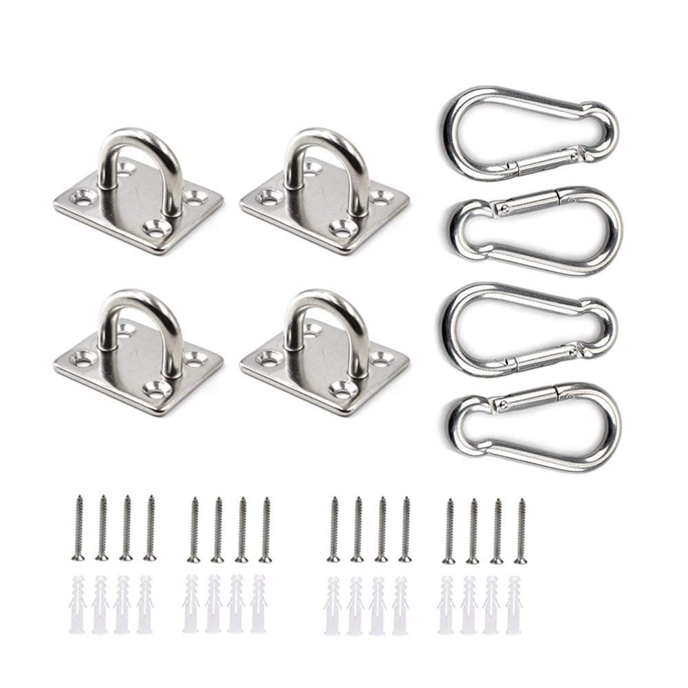 HOMPER Stainless Steel Oblong Pad Eye Plate and Carabiner Clips, Marine Hardware Staple Hook Loop With Screws and Plastic Plugs