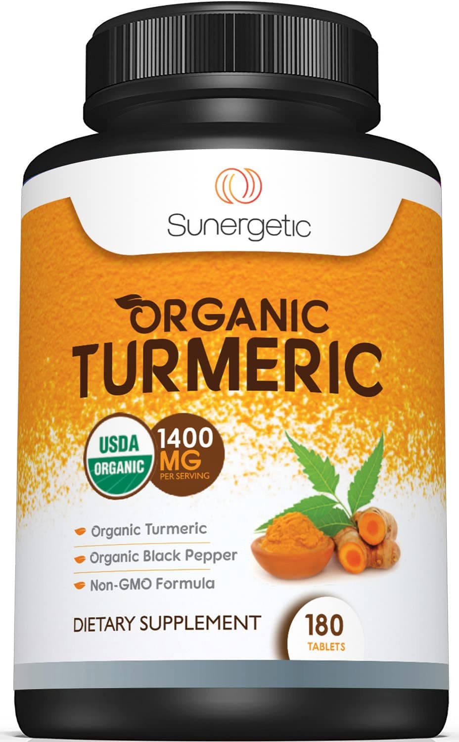 Sunergetic USDA Certified Organic Turmeric Supplement – Includes Organic Turmeric & Organic Black Pepper – 1,400mg of Turmeric per Serving - 180 Count (Pack of 1)