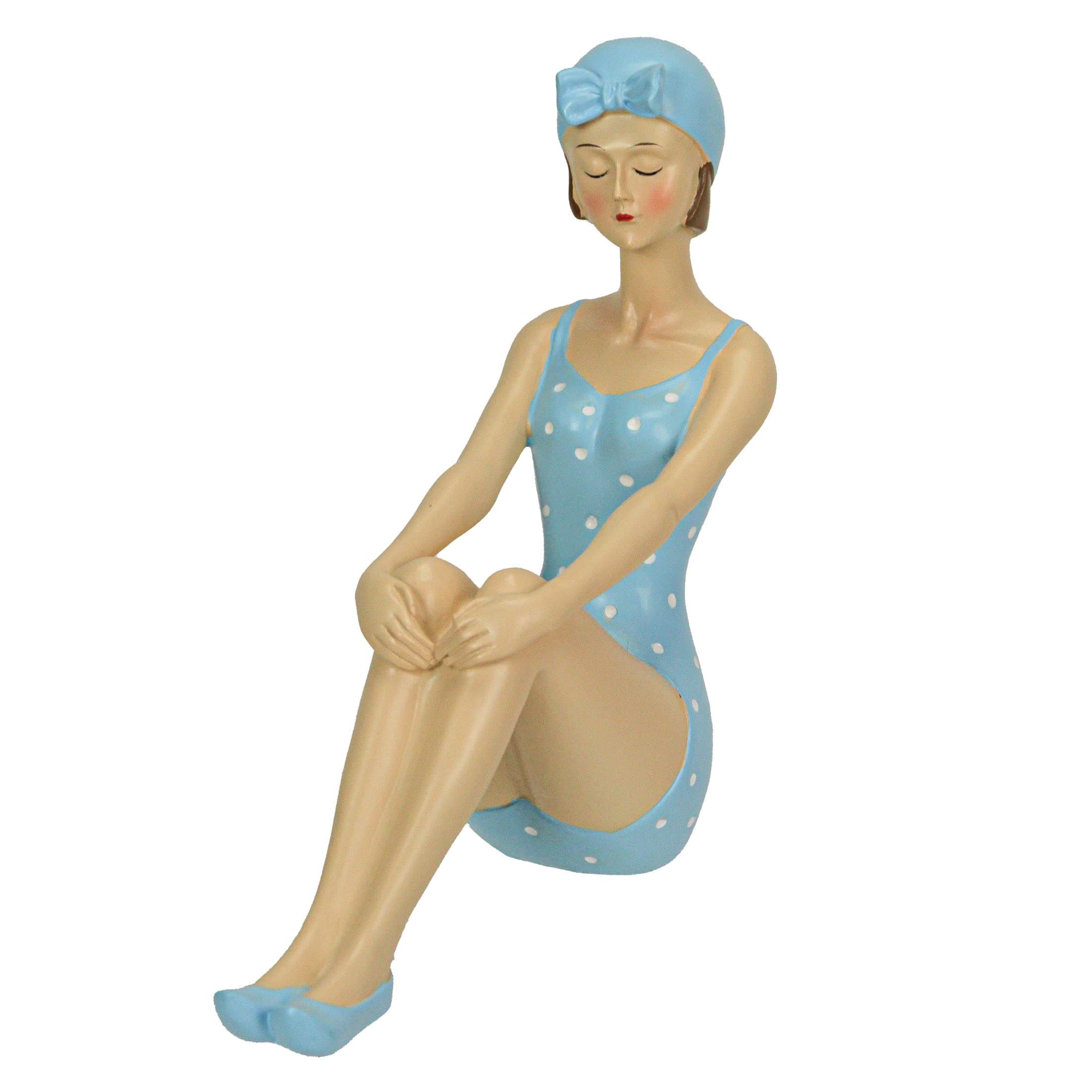 Vintage Beach Bathing Beauty Polka Dot Swimsuit Figurines - 7.75 Inch - Seated Relaxation Pose - Blue