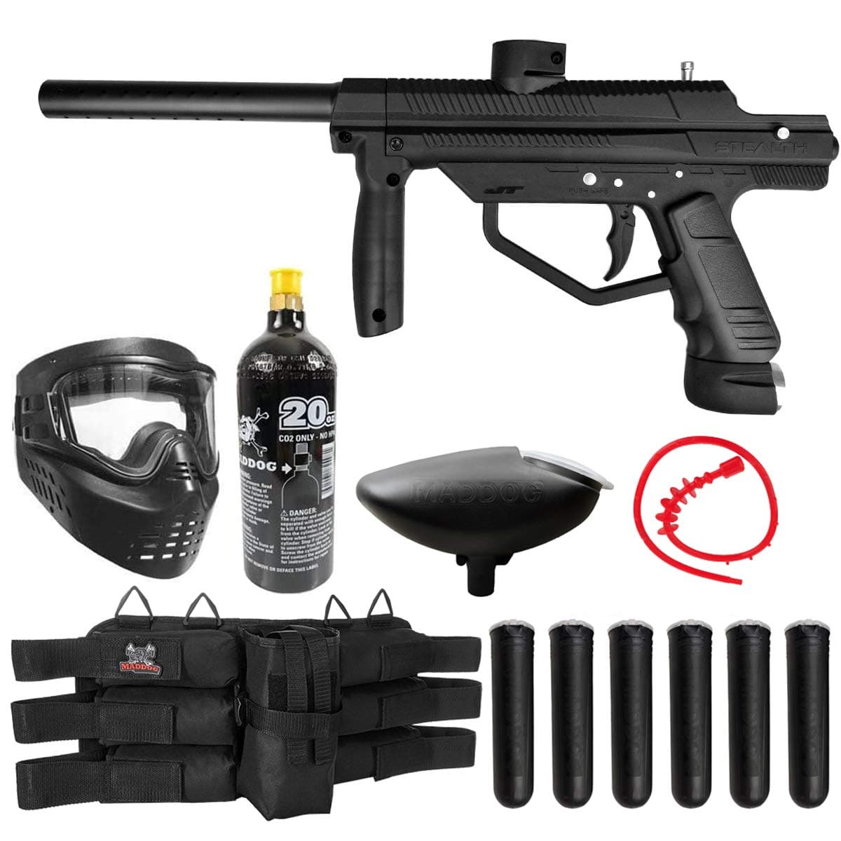 JT Stealth Paintball Gun Marker and Accessory Starter Packages [CO2] | Marker, 20oz CO2 Tank, Mask, Hopper, Pods, Harness & Protective Gear Options