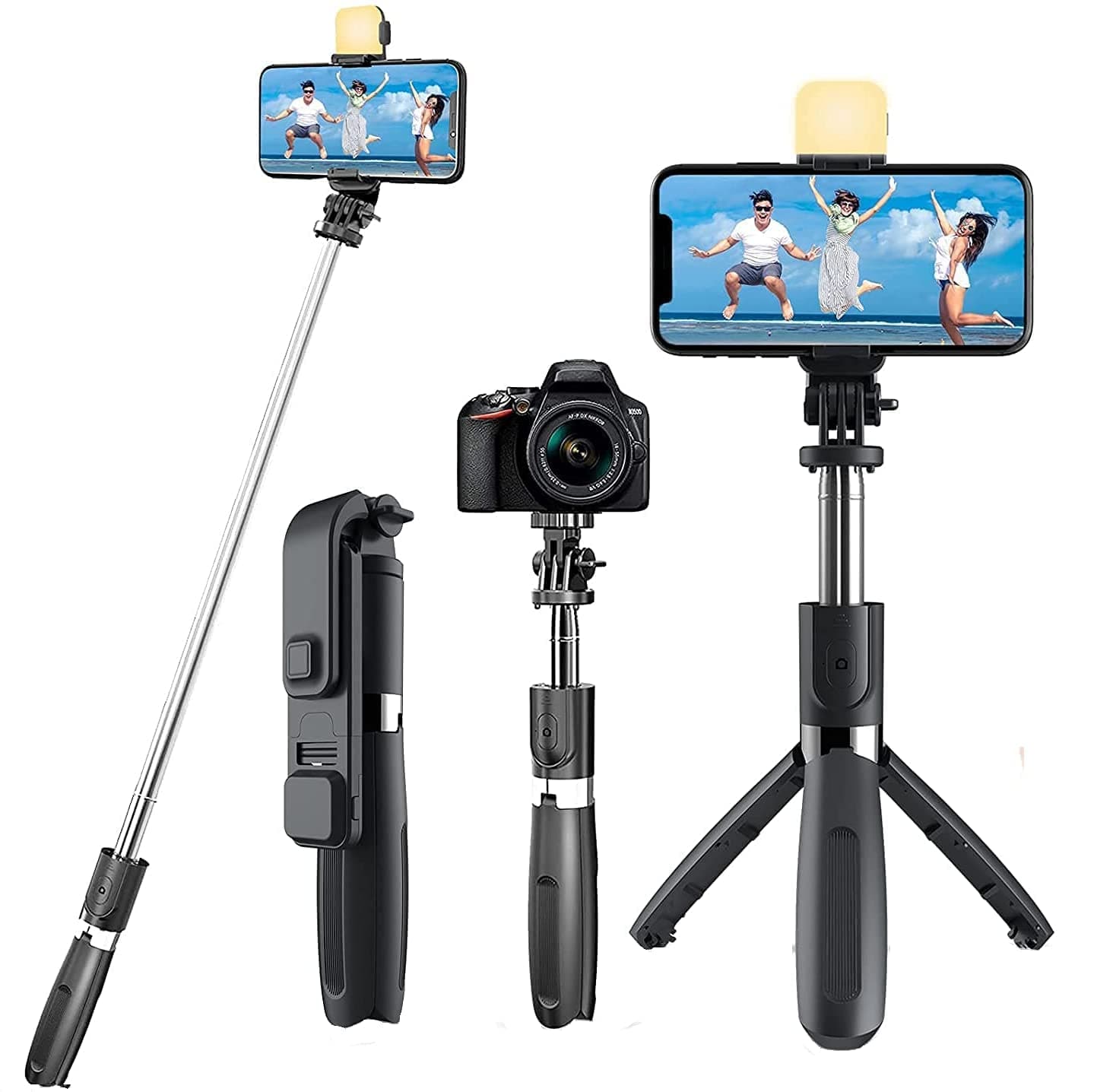 HB PLUS H2Selfie Stick with Tripod Stand, 3 in 1 Multifunctional design, Rechargable LED Light with Two Brighness Levels for Make up, Selfie, Vlogging & Photo Shoot, Selfie stick with Bluetooth Remote