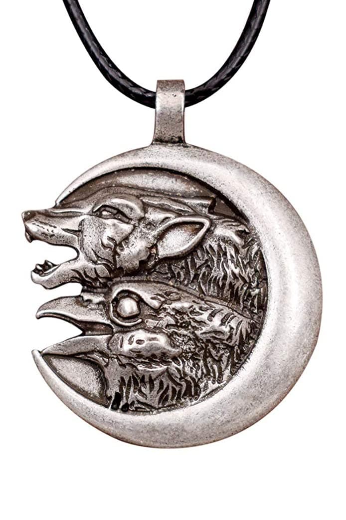 HAQUILWolf and Raven Necklace, Wolf and Raven on Crescent Moon Pendant, Faux Leather Cord (AD)