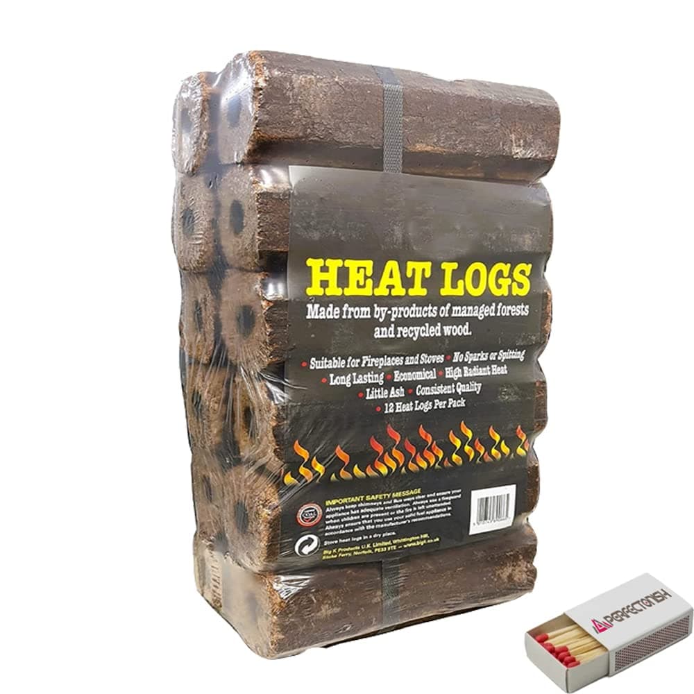High Energy Ultra Dry Heat Logs Open Fire Log Eco Wood Fuel Wood Burner With SAFETY MATCH BOX (12 Heat Logs)