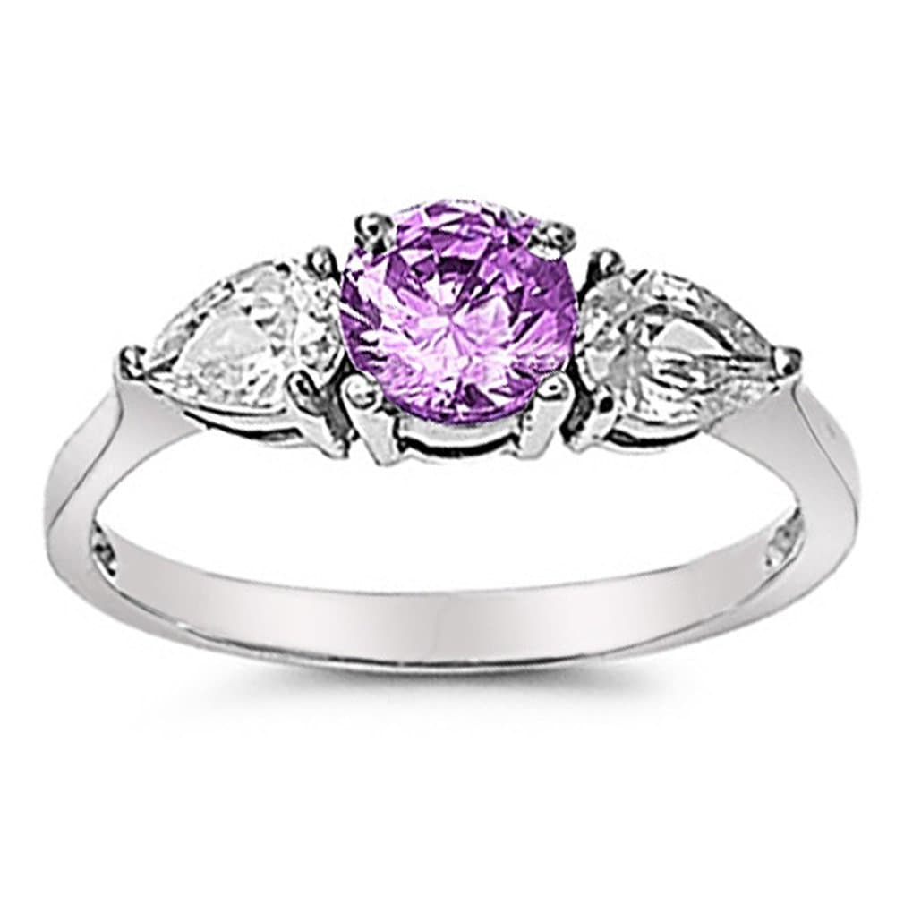 Silver Hearts Jewelry Ladies Stainless Steel Engagement Ring, Stainless Steel Engagement Ring with Simulated Amethyst, Three Stone Ring, Bridal Ring