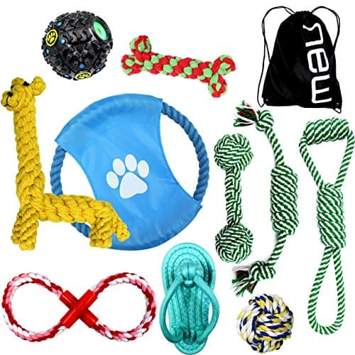 Achivy 10 Piece Durable Rope, Squeaky Ball, Puppy Pet Teething Toys Value Pack for Small and Medium Dogs, Flying Discs, Play Fun Interactive Chew Toys