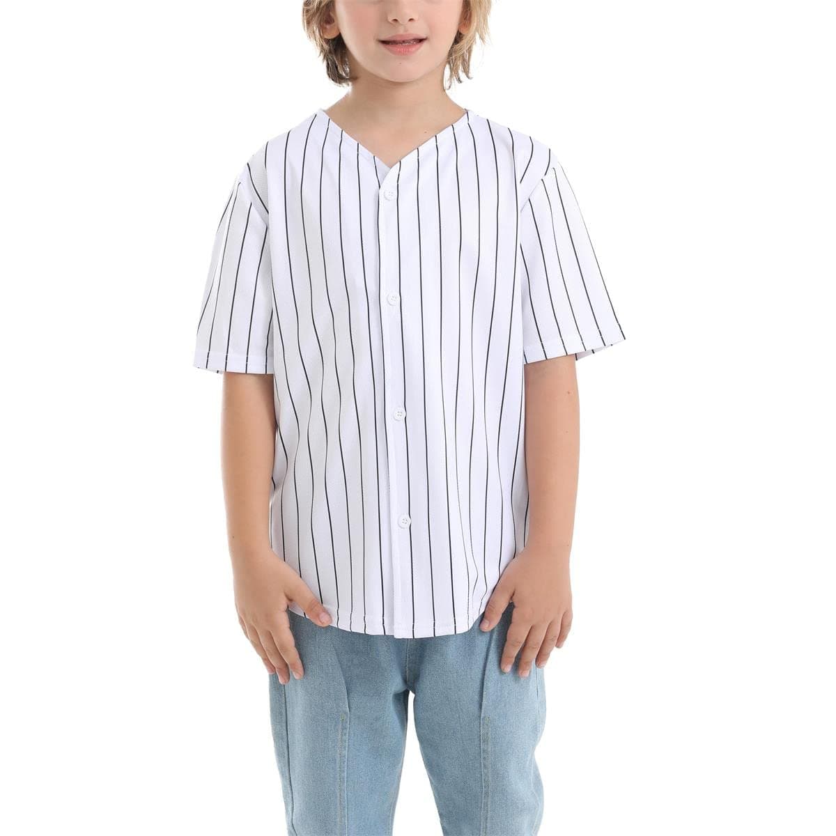 Mowbeat Boy's Baseball Button Down Jersey Kid's Short Sleeve Girls Hip Hop T Shirts Children's Sport Jersey Shirt Black
