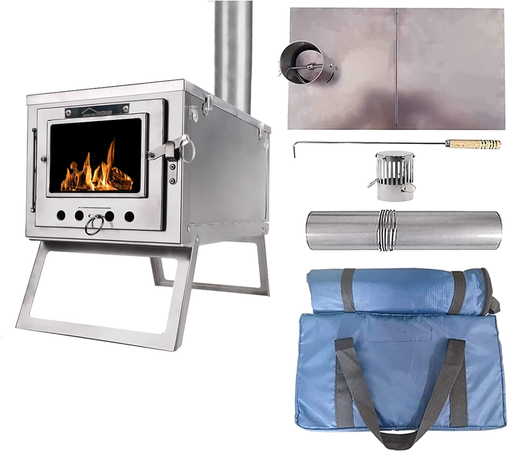 DANCHEL OUTDOOR Portable Titanium Stove, Wood Stove for Tent with Chimney for Camping Backpacking (7.2ft pipes/2.76'' Dia.)