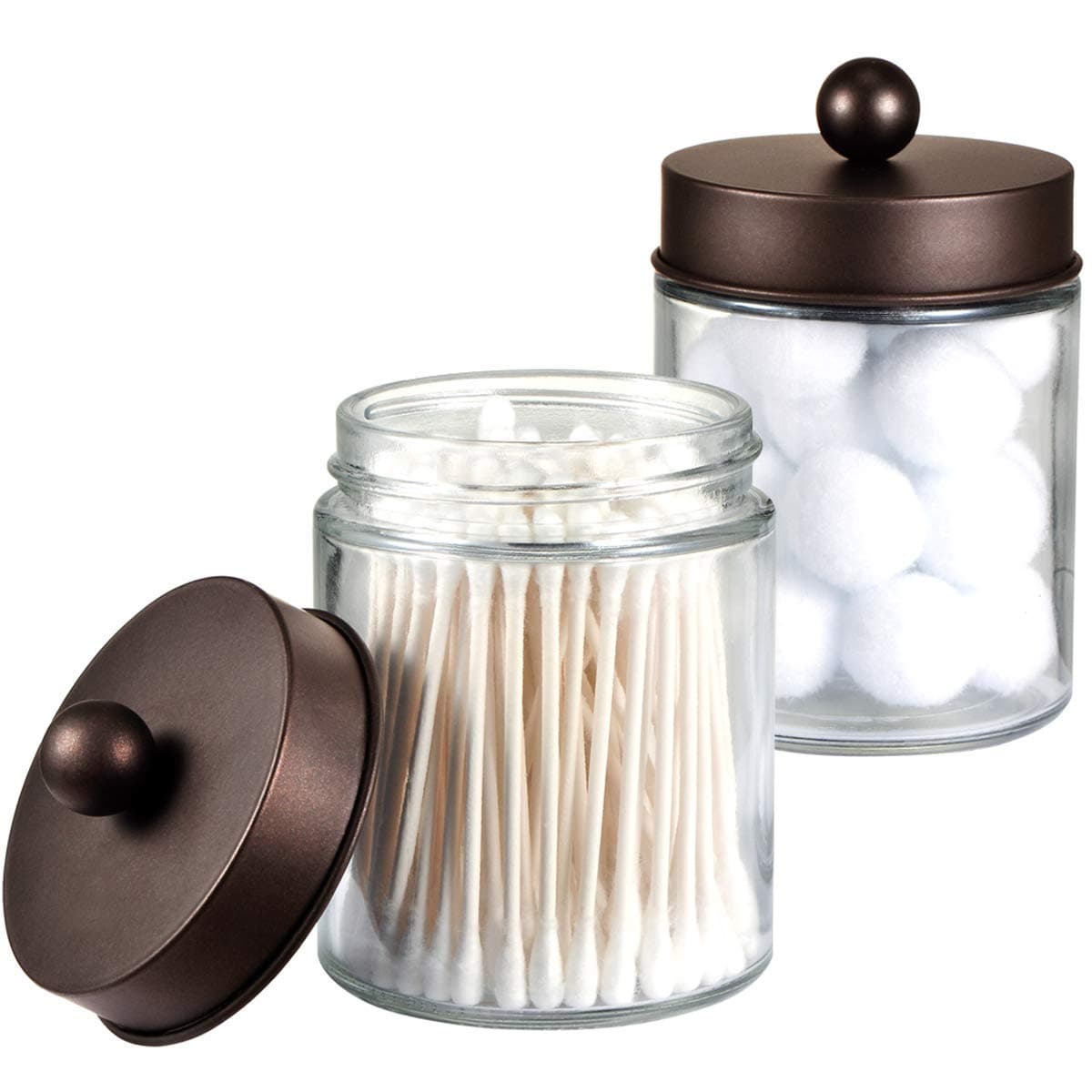 Amolliar Apothecary Jars Bathroom Storage Organizer - Cute Qtip Dispenser Holder Vanity Canister Jar Glass with Lid for Cotton Swabs,Rounds,Bath Salts,Makeup Sponges,Hair Accessories/Bronze (2 Pack)