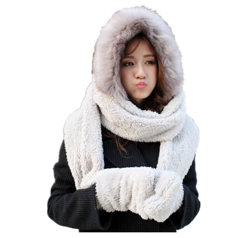 Winter Warm Women Hoodie Hat/Scarf/Gloves Set Soft Plush Thick Warm Hat