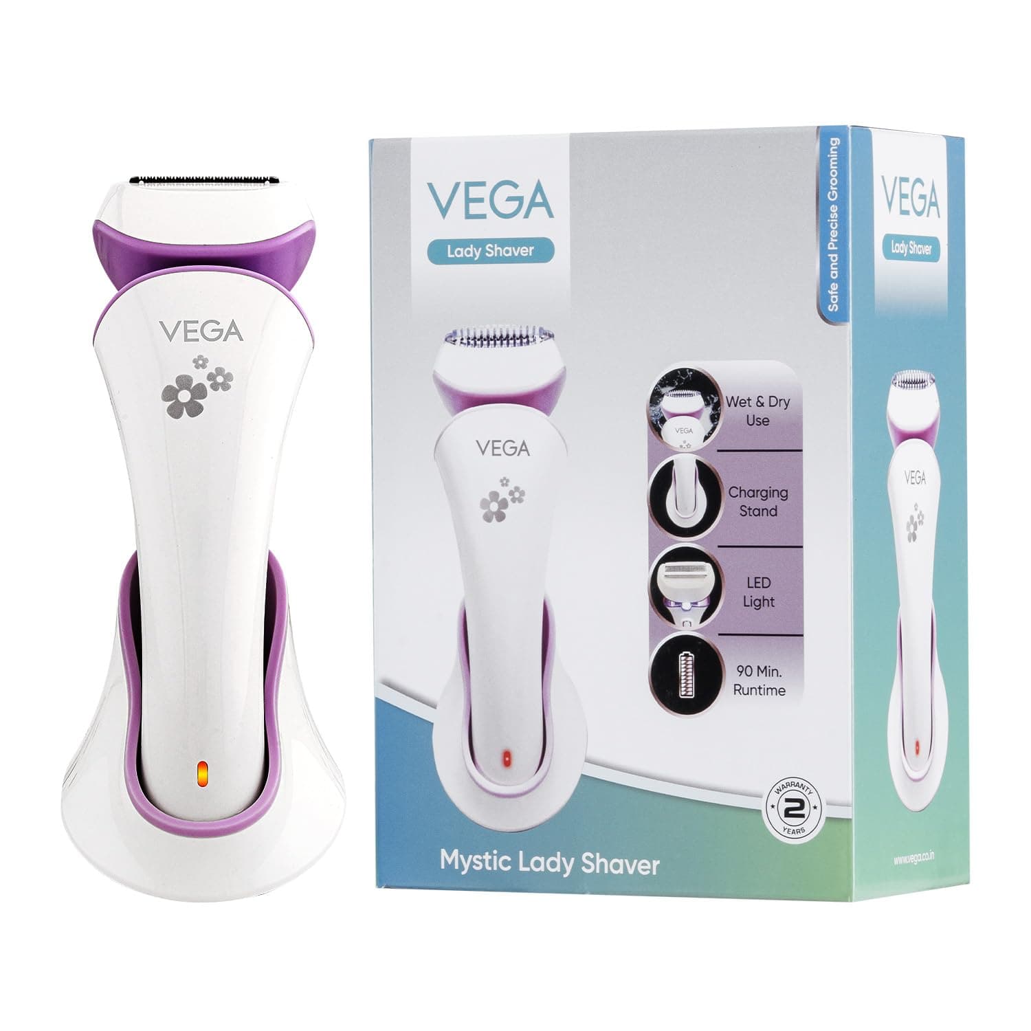 Mystic Lady Shaver for Women with Charging Stand, 90 Mins Runtime, Quick Charge, IPX 6 Waterproof and Cord & Cordless Use,White, All Skin Types, (VHLS-02)