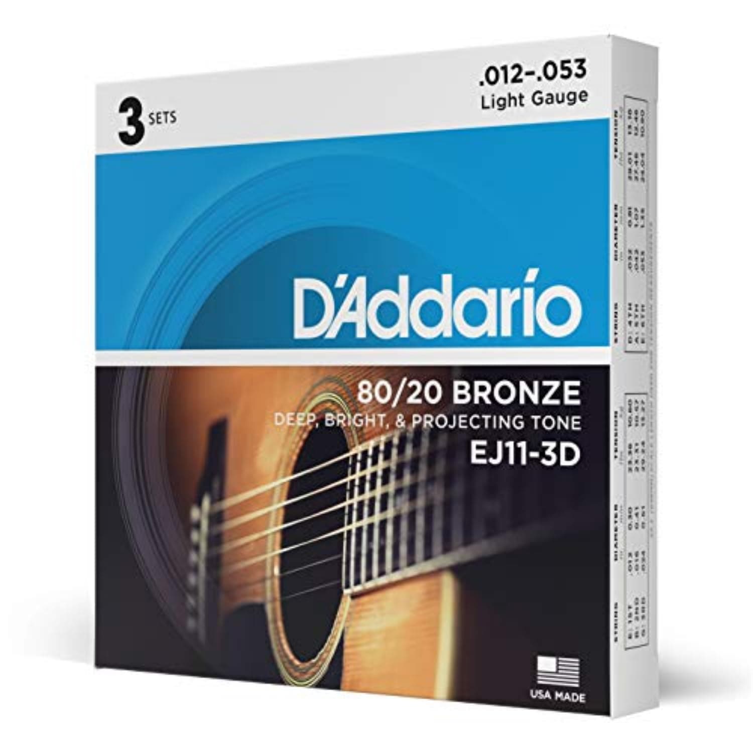 D'Addario EJ11-3D 80/20 Bronze Acoustic Guitar Strings, 12-53, 3 Sets, Light
