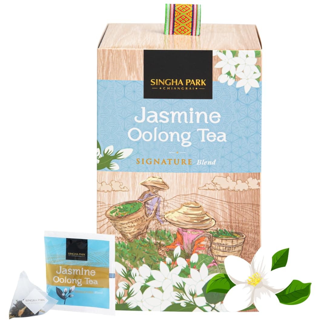 SINGHA PARK Jasmine Oolong Tea – Sustainably Grown in Thailand – 20 Full Leaf Pyramid Sachet, Mellow and Fragrant notes