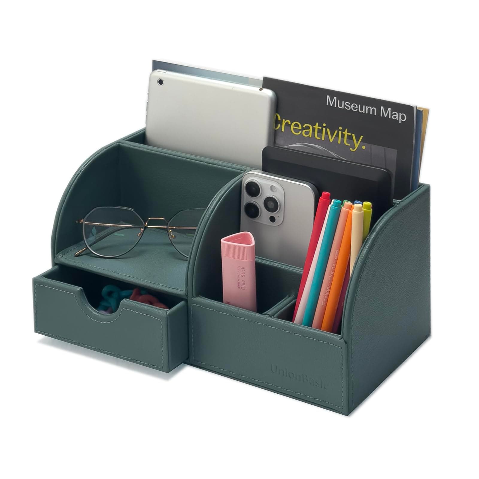 UnionBasic Desk Organizer - Multifunctional Leather Desktop Pen Holder Storage Box - Business Card/Pen/Pencil/Mobile Phone/Stationery Holder, Dark Ivy