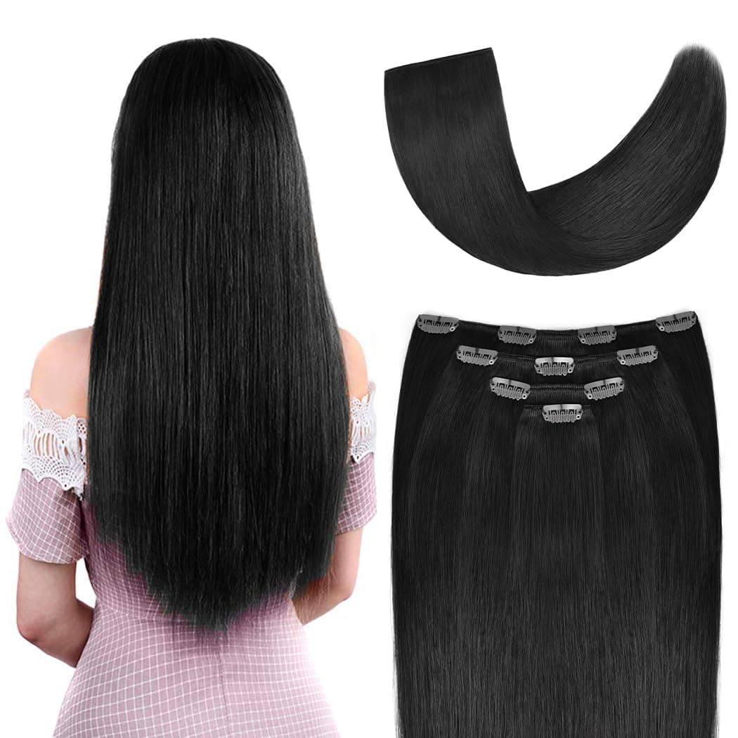 12" Hair Extensions Clip in Human Hair for Women Beauty - Silky Straight Short Clip on Hair Pieces 50grams 4pieces Jet Black #1 Color