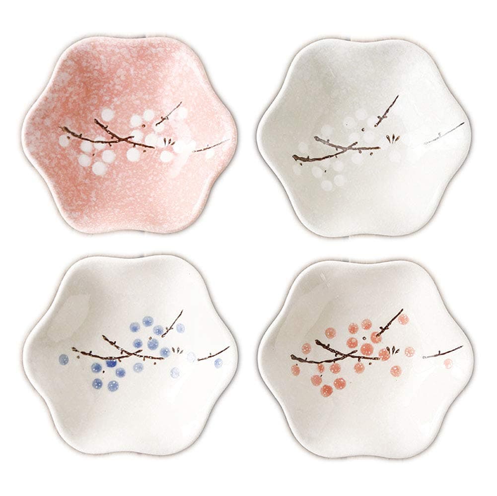 VanEnjoy Ceramic Japanese Dipping Bowl Soy Sauce Seasoning Dishes Soy Dipping Sauce Dishes set of 4, Floral pattern with Flower shape (leaves) (leaves)