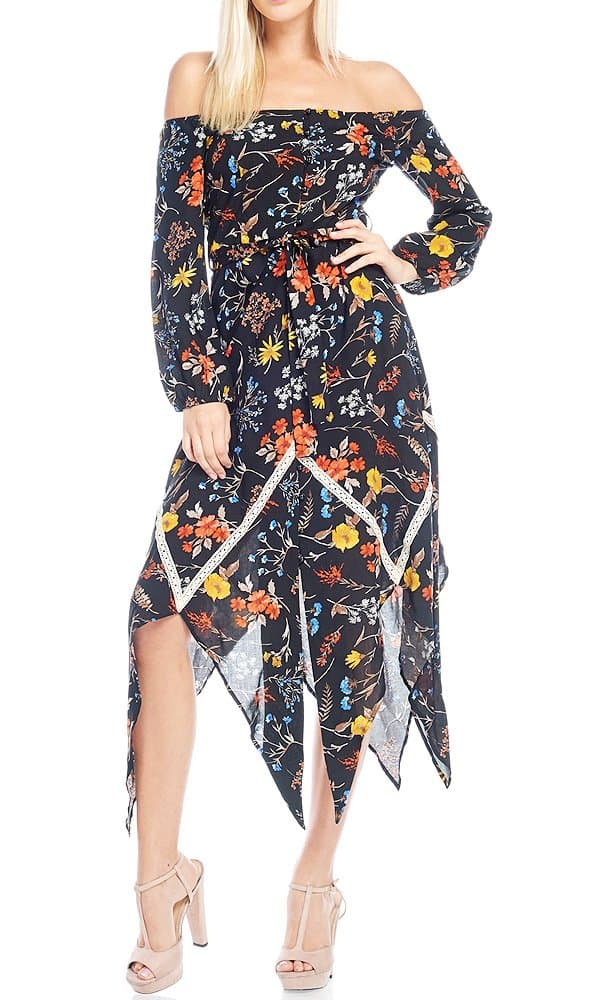 THE SANG Women's Sexy Floral Print Off The Shoulder Split Maxi Dresses with Long Sleeves