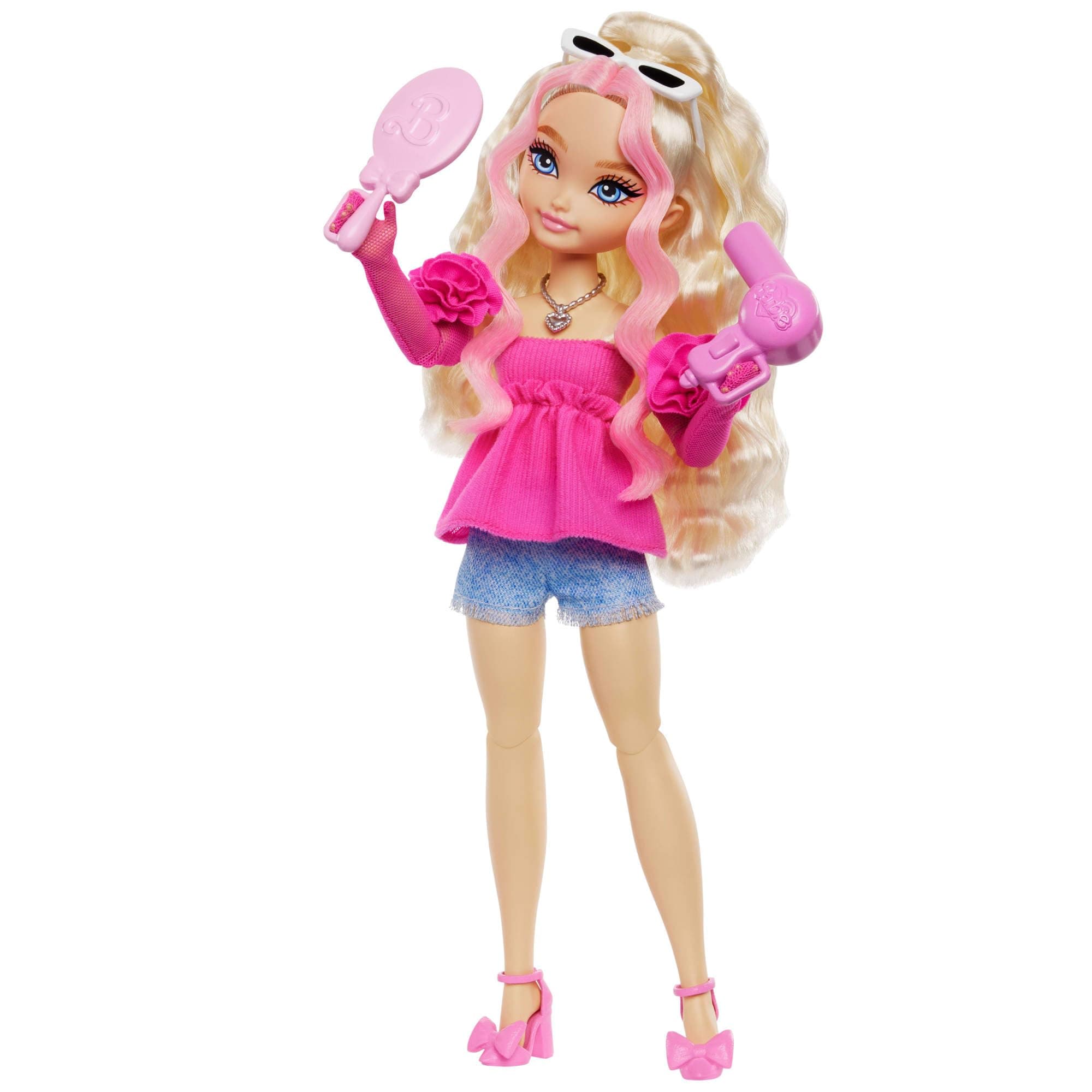 Dream Besties Playset, Barbie “Malibu” Posable Fashion Doll with Wavy Blonde Hair, 11 Makeup & Hair-Themed Accessories, HYC21