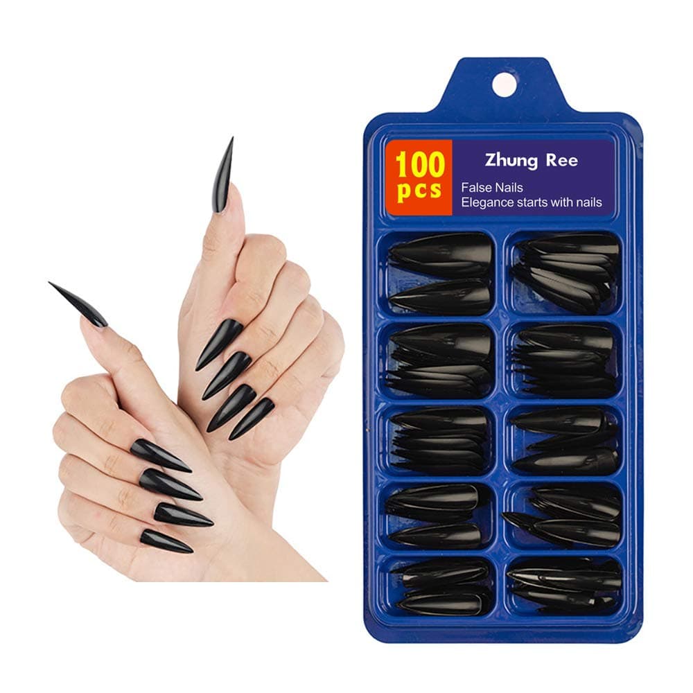 Extra Long Press on Nails Stiletto Fake Nails,100pcs Black Sharp Acrylic False Nails Full Cover With Case for Salon Women Girls (Black-2)