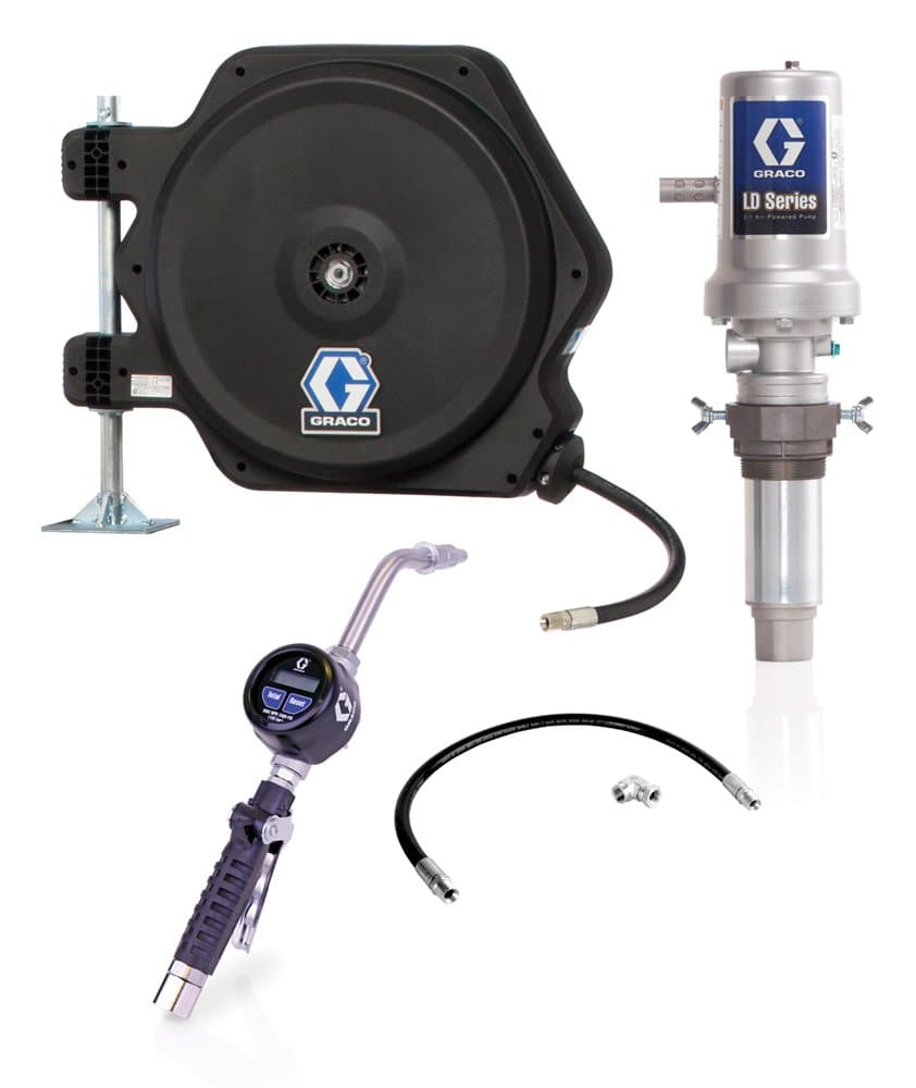 Graco Lubrication Equipment 24J776 LD Series AirPowered 3:1 Oil Pump Tank, Package with Hose Reel, Electronic Dispense Meter, Inlet Kit and Mounting Bracket
