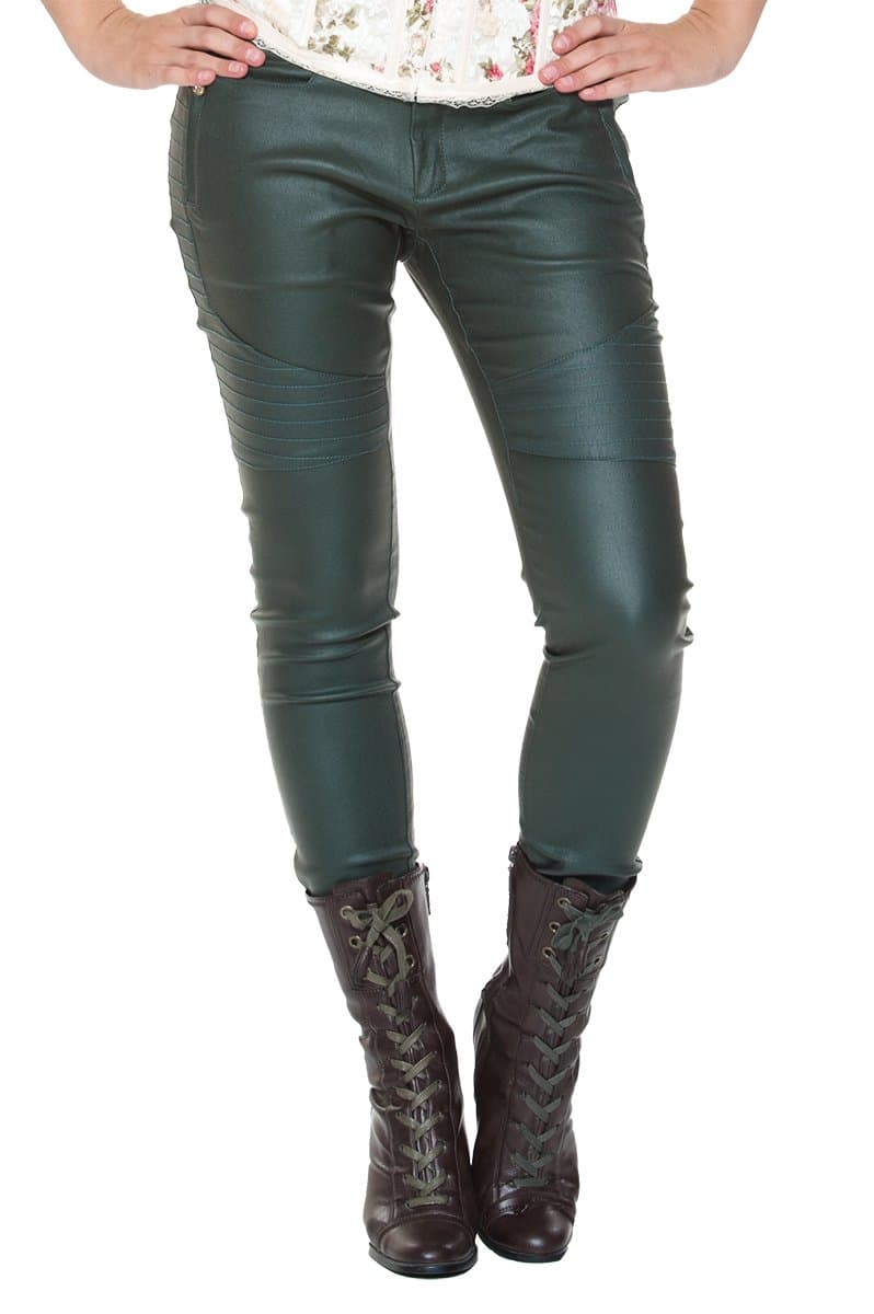 Women's Hunter Green Straight Leg Steampunk Moto Biker Sleek Slim Skinny Pants (Small)