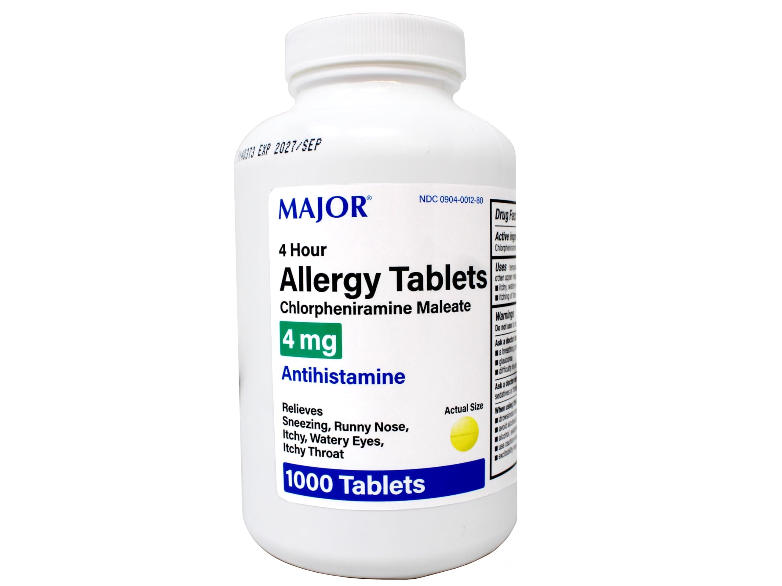 Allergy Tablets, Chlorpheniramine Maleate 4 mg, Antihistamine 4 Hour, 1000 Tablets
