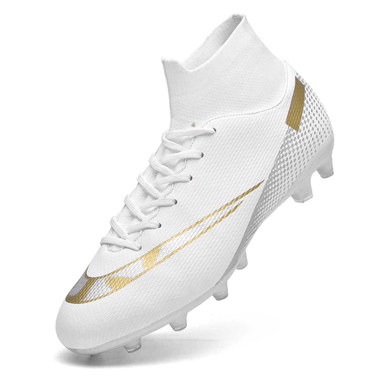 WOWEI Football Boots Men High Top Spike Soccer Shoes Outdoor Training Football Shoes Sneakers,T2150 White,10 UK