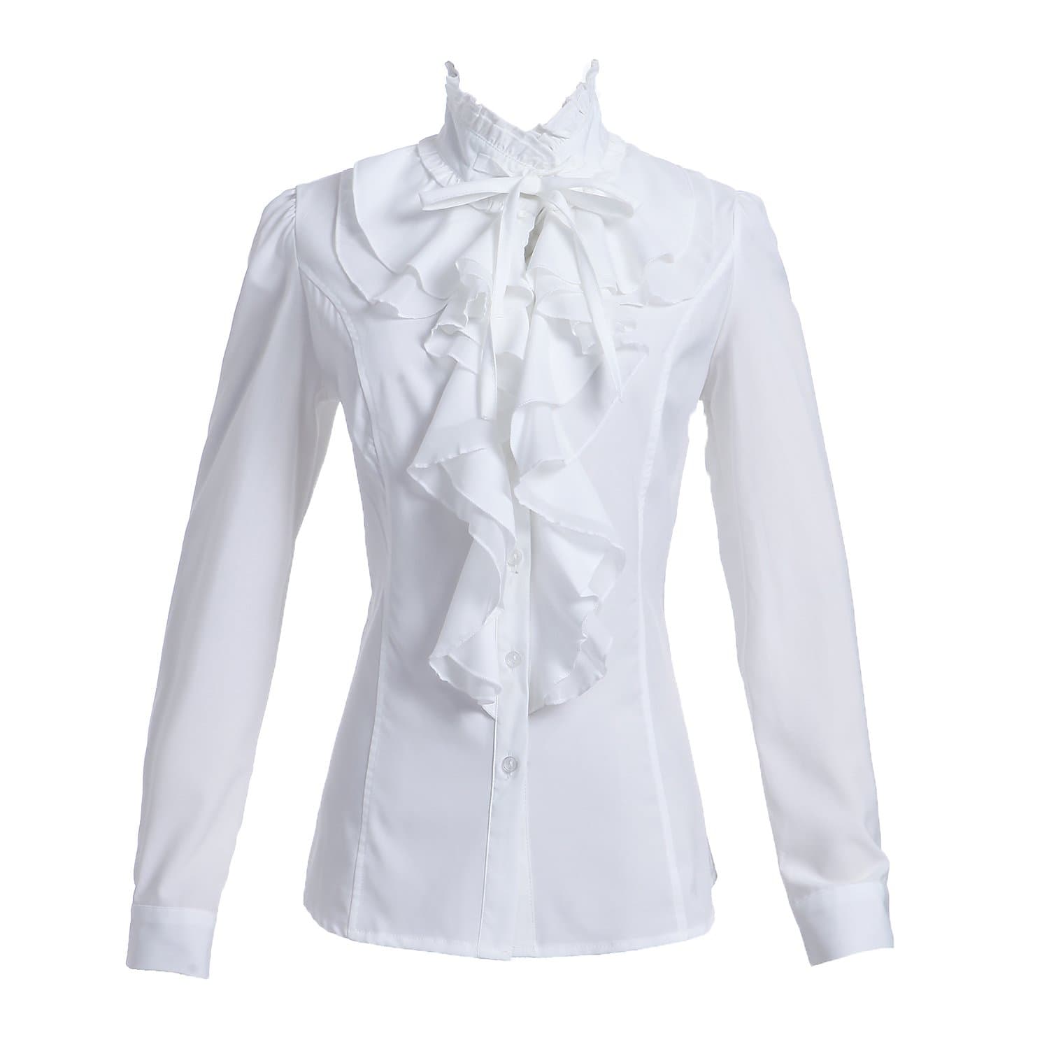 TaiduoshengWomen Shirts Lace Ruffle Neck Stand-Up Collar Button Down Blouse Long Sleeve OL Shirt Tops