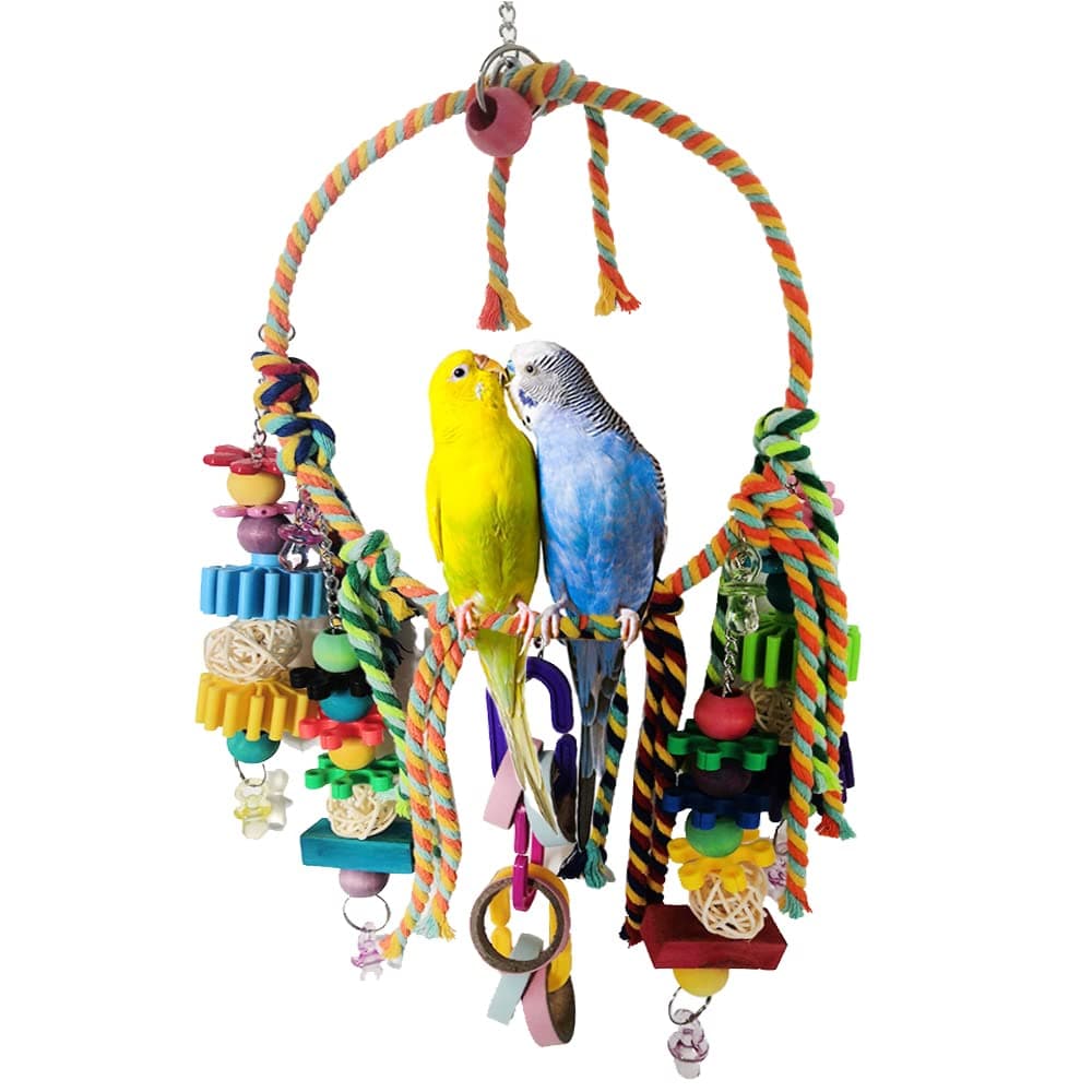 SINFUN Bird Swing Toy Bird Perch with Colorful Chewing Toys Bird Perches with Cotton Rope for Small Medium Large Birds Lovebirds Parakeets Finches Budgerigars Conure Indoor Outdoor Playing