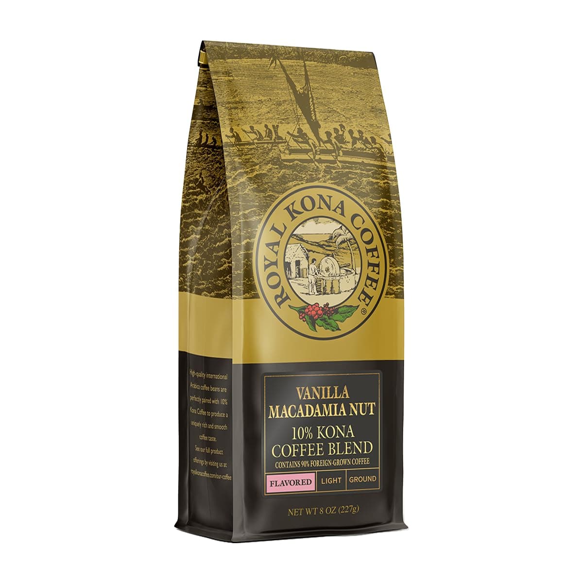 COFFEE FOR ROYALTY Royal Kona 10% Hawaiian Kona Coffee Blend, Vanilla & Macadamia Flavor, Light Roasted, Ground - 8 Ounce Bag