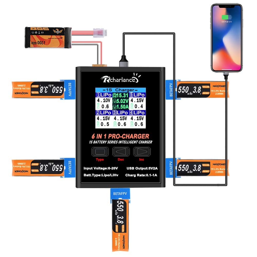 1S lipo Battery Charger,Rcharlance 6 in 1 Balance Charger Discharger 1S Charger Digital Battery Pack Charger with LCD Display,6 Channals & USB Ports,MCX/JST/Mcpx/MOLEX Plug for Lipo/LiHV,Smartphone