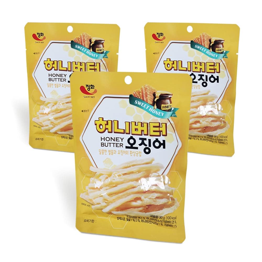 K-Herb Grilled Squid - Korean Style Soft Butter Grilled Surume Snacks, Delicious Dried Squid (3 Bags of Honey Butter Squid)