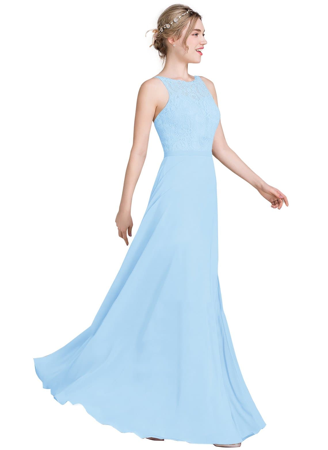 Loffy Women's Long Prom Dress Bridesmaid Dress Lace Chiffon Evening Gown Sky Blue Size 16
