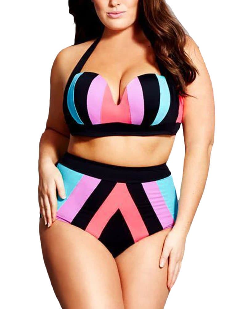Women's Strapped Splice Plus Size High Waist Bikini Swimsuit (XXXXL)