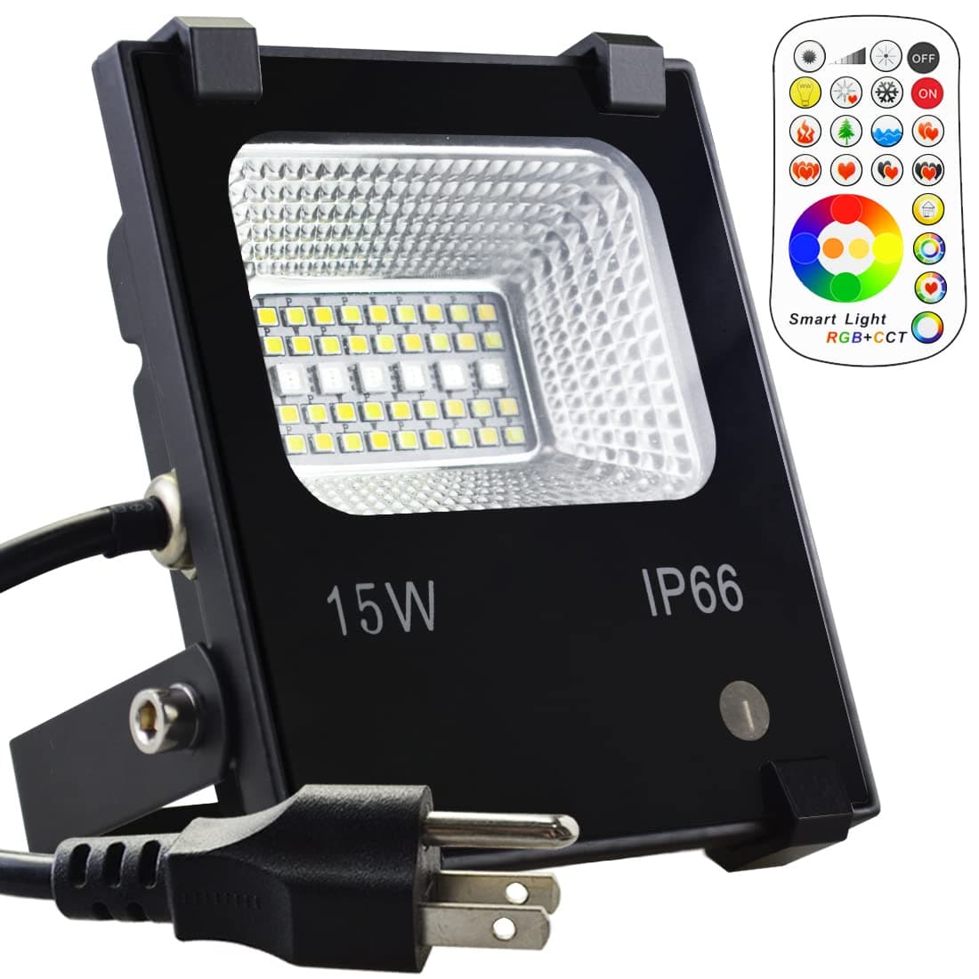 LED Flood Light Outdoor, 15W Color Changing Floodlight with Remote, 120 RGB Colors, Warm White to Daylight Tunable, IP66 Waterproof, US 3-Plug
