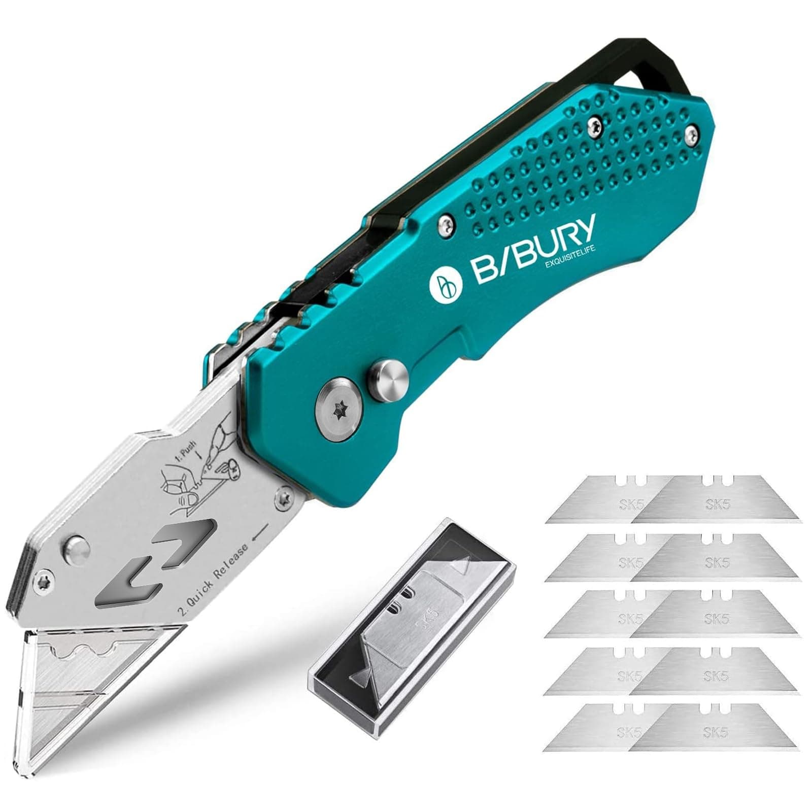 BIBURY Utility Knife, Heavy Duty Folding Box Cutter, Pocket Carpet Cutter Knife with 10 Extra SK5 Stainless Steel Blades, Easy Release Button, Belt Clip, Quick Change and Safety Lock-Green