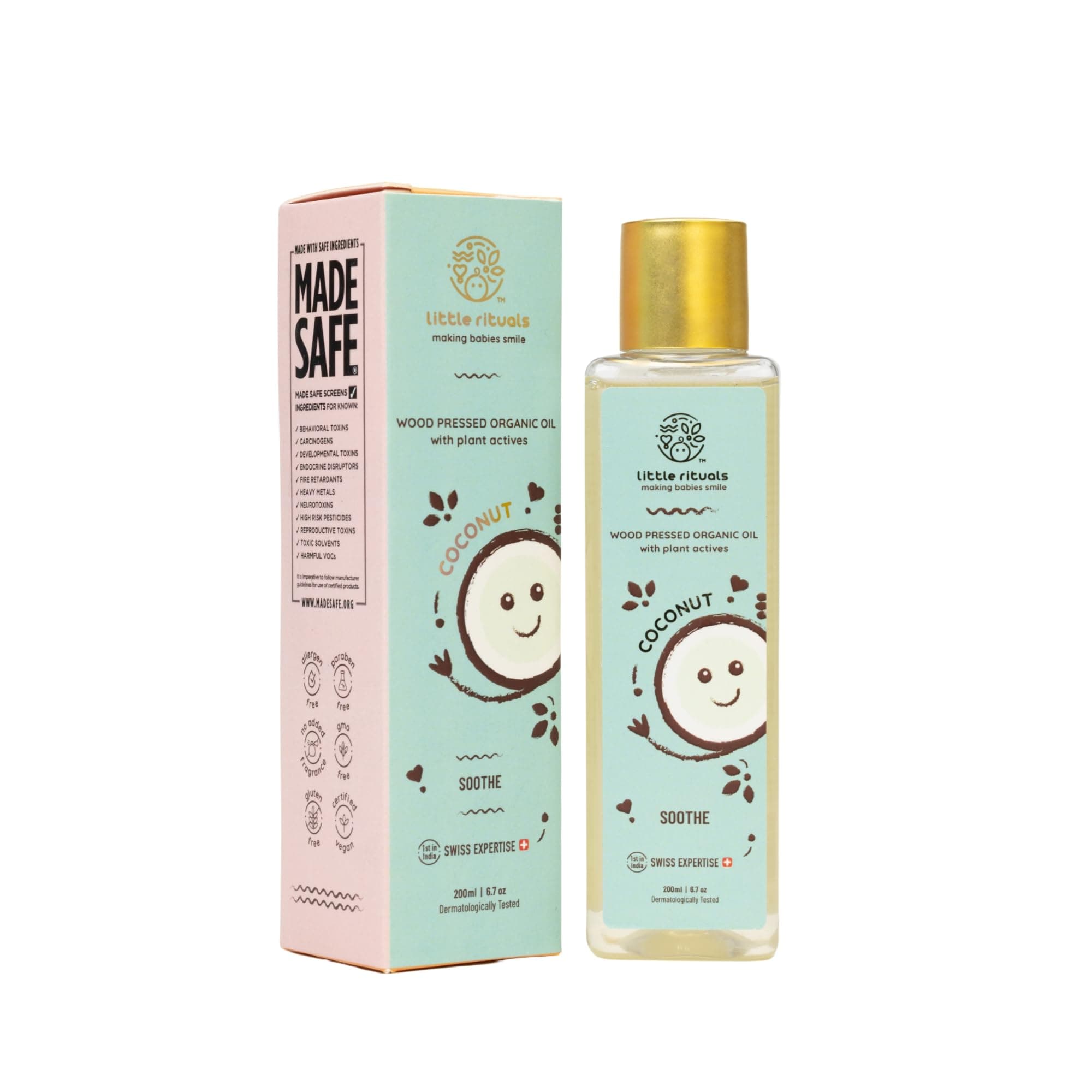 COCONUT BABY MASSAGE OIL Certified Organic, Wood Cold-Pressed for Skin and Hair with SWISS Plant Actives - 200 ml. Dermatologist Tested by Pediatrics, Mild & Gentle & Safe