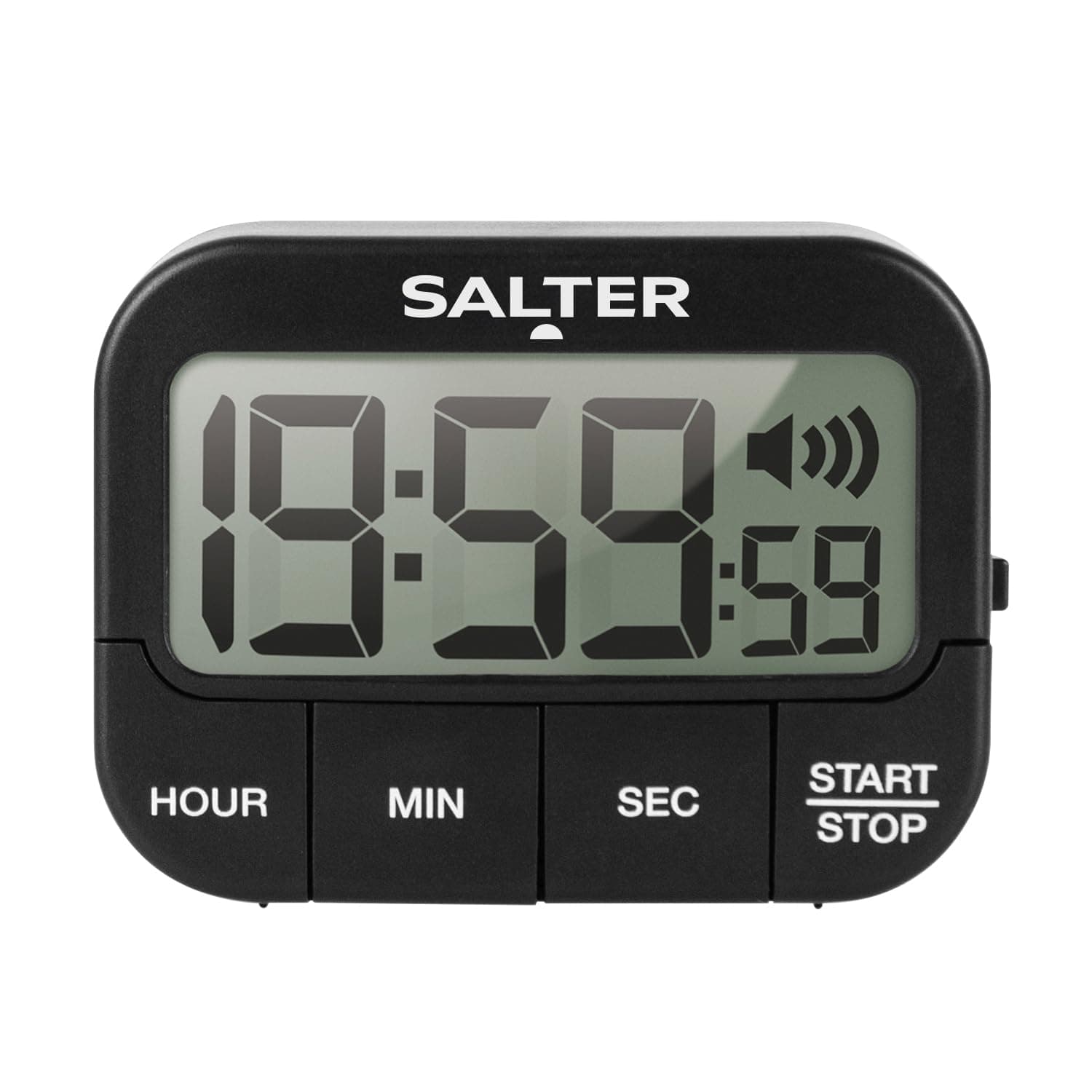 Salter 355 BKXCDU Kitchen Digital Display Count up or Countdown Timer, Adjustable Loud Beeper, Large Start/Stop Button, Memory Function, Magnetic or Self Standing-Black, Plastic