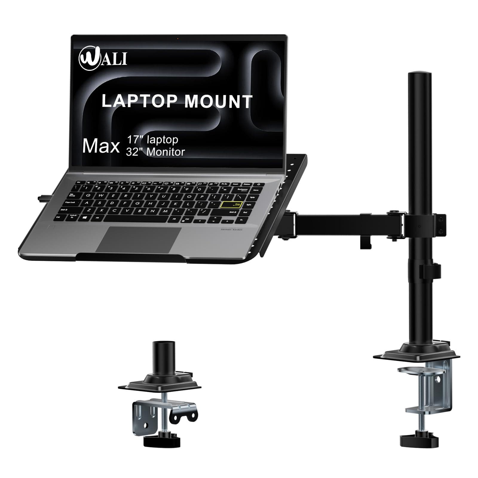 WALI Laptop Desk Mount with Tray, Fully Adjustable Laptop Arm up to 17 Inch, Laptops Mount with Vented Cooling, Dual Mounting Options, Black (M00LP)