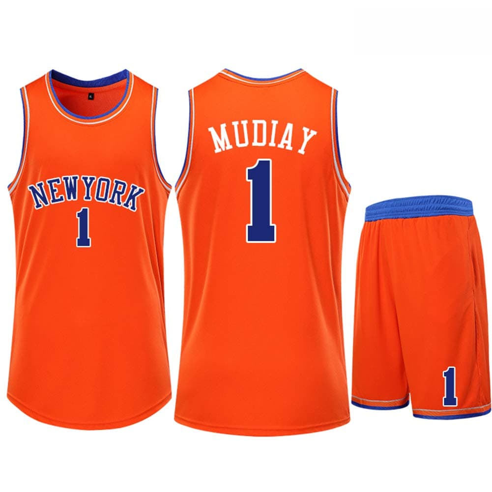 NYN New York Knicks Emmanuel Mudiay #1 Basketball Clothing Suit Men's Jersey Sportswear Sports Training Clothes for Fans Children & Adults Vest Shorts Suit,L